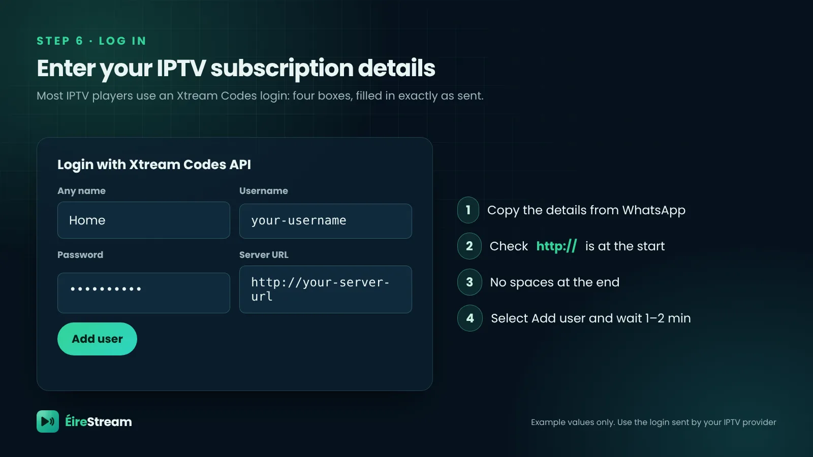 Example Xtream Codes login screen for an IPTV Ireland subscription with name, username, password and server URL
