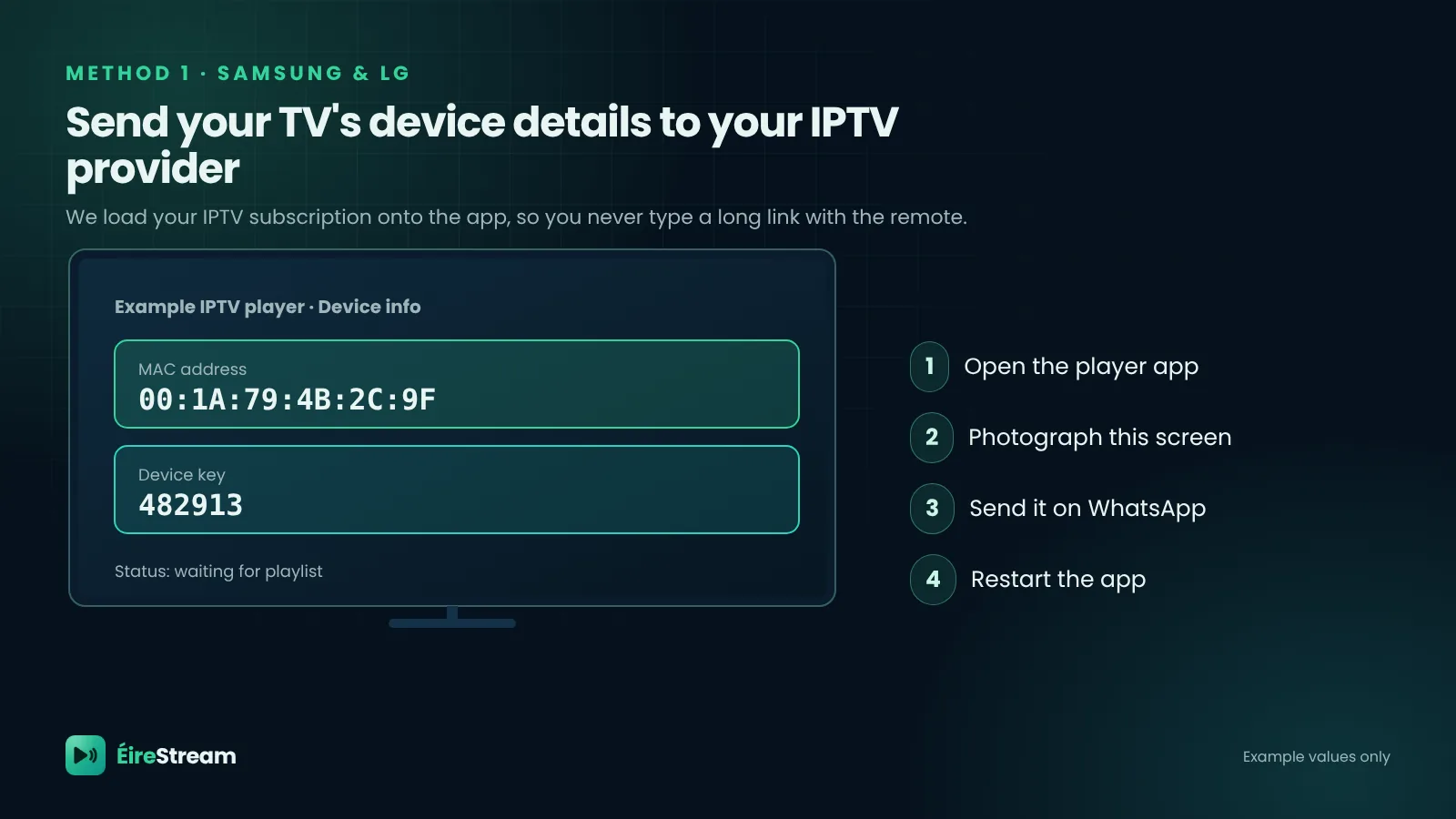 Example Smart TV IPTV player screen showing the MAC address and device key to send to your IPTV provider